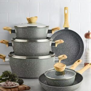 Granite Non-Stick Cookware Set with Wooden Handles
