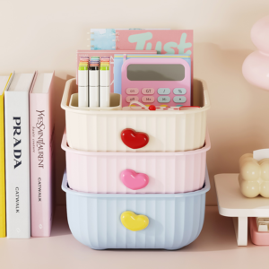Fabric Storage Basket with Heart Button – 3 Colors Set