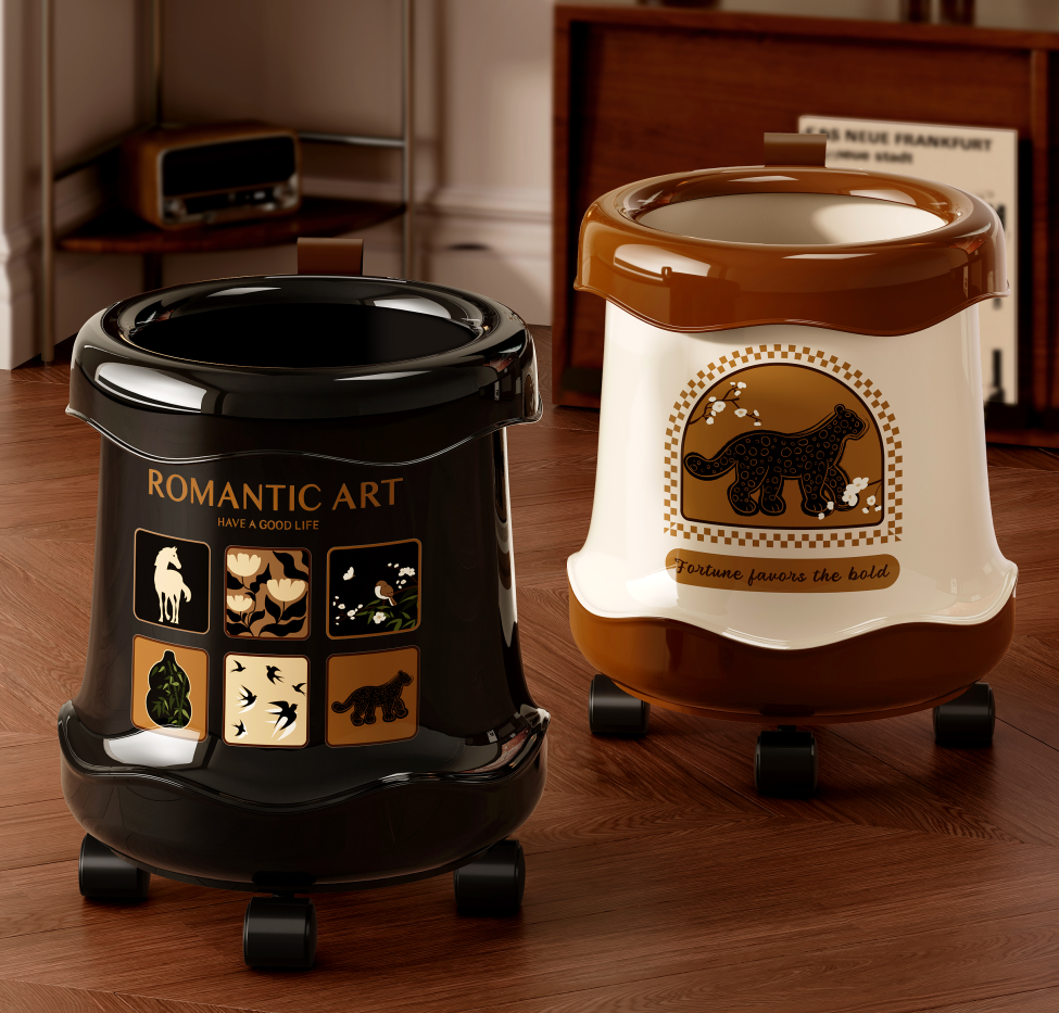 Decorative Rolling Trash Bin with Lid – Artistic Print (2 Colors)